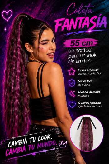 Coleta Pony Tale con ondas y mechas de colores fantasia.